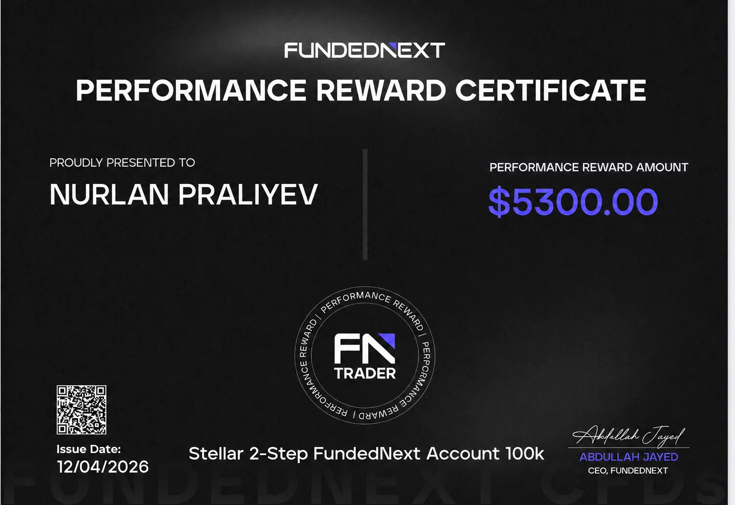 Сертификат выплаты FundedNext на 5 300 долларов