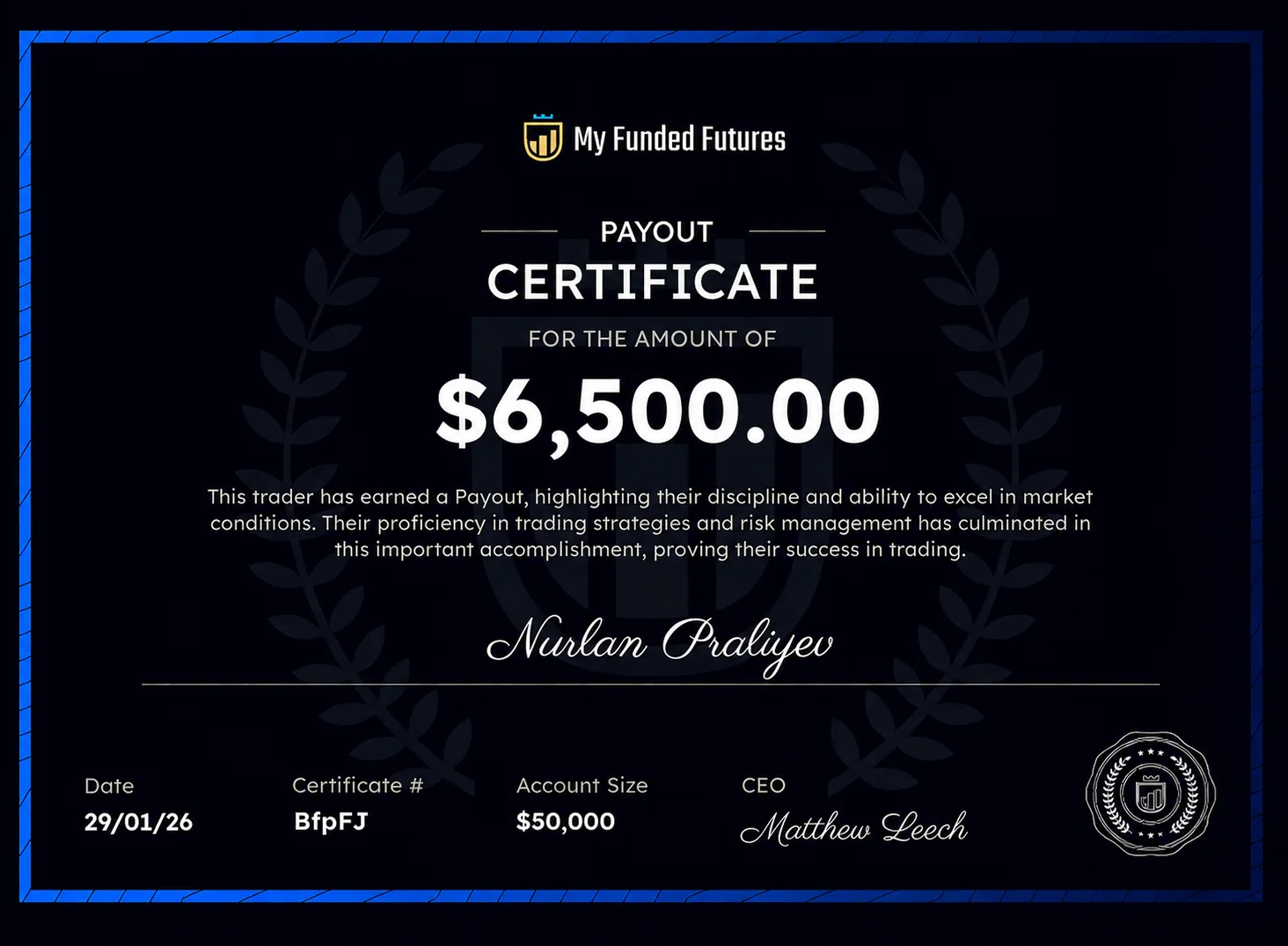 Сертификат выплаты My Funded Futures на 6 500 долларов